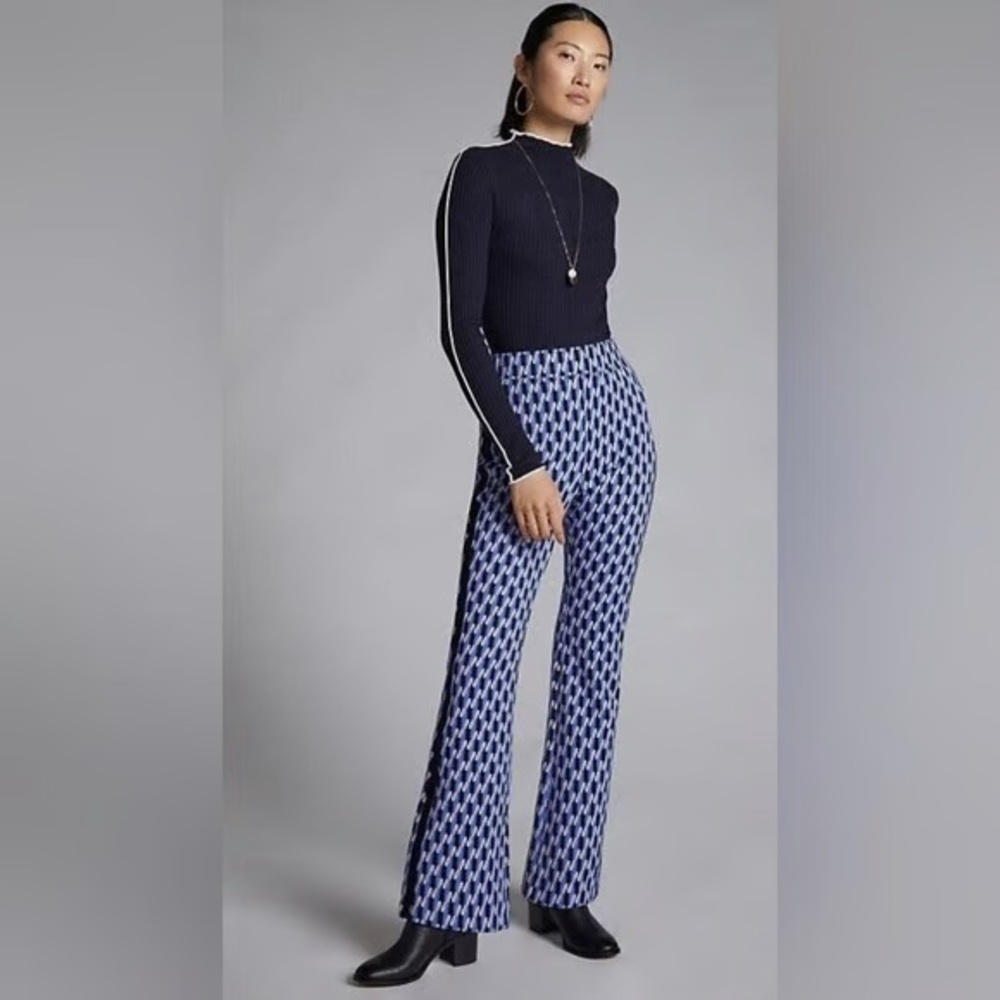Maeve Sabine Pull On Flare Blue and Black Patterned Pants
